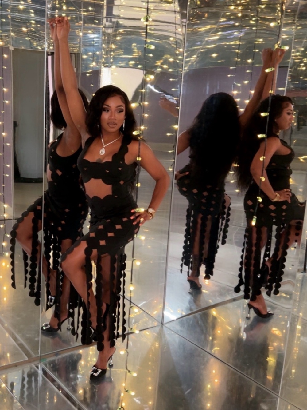 Black Cutout Fringe Midi Dress